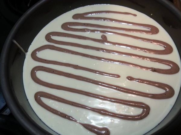 倒入烤模，留大約2T的乳酪糊，加入1T可可粉，在原味乳酪糊上擠出蛇一般的形狀