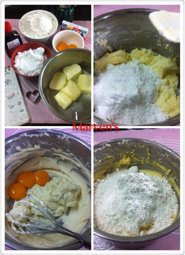 1-1.備料：奶油軟化／粉類過篩／取出蛋黃
1-2.將奶油打至柔軟、加入糖粉攪拌均勻
1-3.加入三顆蛋黃，用打蛋器攪拌均勻
1-4.篩入麵粉，以刮刀盡量切拌至無粉狀。