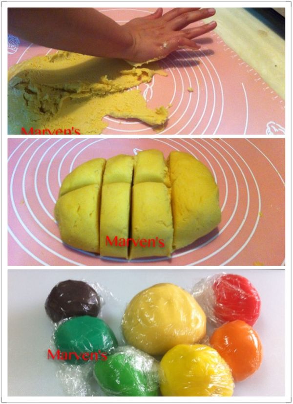 2-1.取出麵糰，用掌根按壓麵糰，讓乾粉均勻吸收至麵糰中
2-2.整成團後，切成三等份，其中兩等份再各分三小份
2-3.完整的1/3留做原味，其餘六小塊各自用食用色素染成紅、橙、黃、綠、藍、紫。