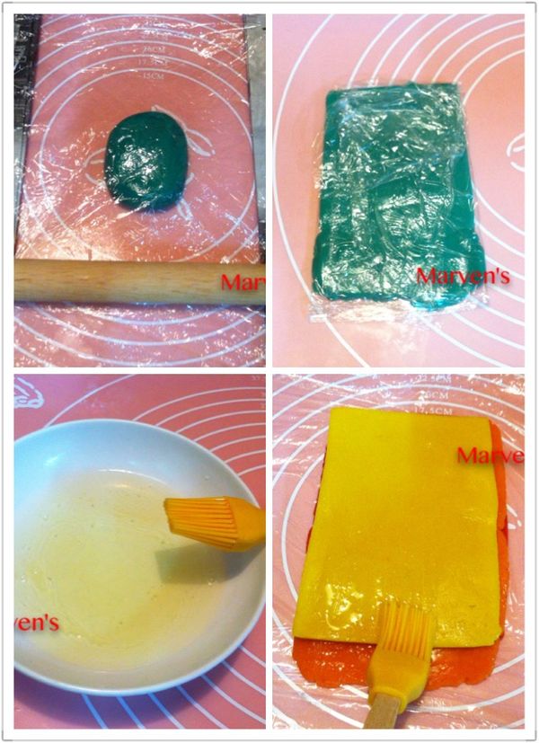 3-1.將各色麵糰上下墊著保鮮膜，以桿麵棍桿平[圖示為0.5cm]
3-2.盡量將長寬[圖示為2的倍數x4的倍數]裁切、填補成方形。用保鮮膜包住送進冷藏（接著各色都重覆此步驟）
3-3.準備一顆蛋白＋一湯匙的水，攪拌均勻做為黏著劑
3-4.冷藏完成的各色麵糰，按照顏色刷上蛋白液後，黏上另一層。