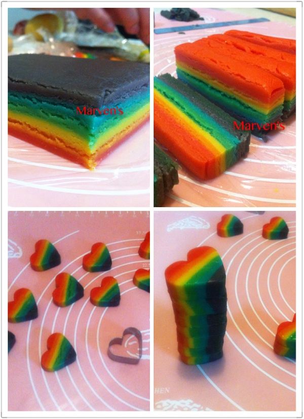 4-1.各色疊完後，切齊四邊並輕輕桿壓
4-2.依照心形模型裁切需要的厚度[圖示為約1.5cm]，各自用保鮮膜包住送冷藏。
4-3.冷藏後稍微定型，即可取出壓出愛心形狀
4-4.將每個愛心塗上蛋白液，疊上下一個，成為一個「愛心筒狀」，包保鮮膜冷藏。