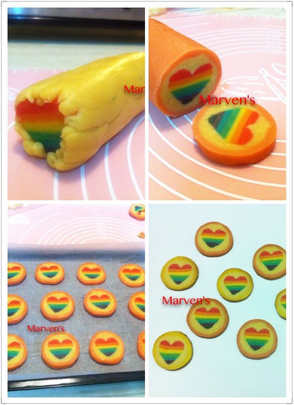 5-1.將原味麵糰搓成條狀，仔細包裹住彩虹愛心，邊黏原味條狀麵糰邊滾動，使它成為圓筒狀。送進冷藏定型。
5-2.切片成約0.8-1cm的厚度
5-3.以烤箱烤180℃／10-15分鐘，表面略微上色即可
5-4.烤好放涼後的顏色。