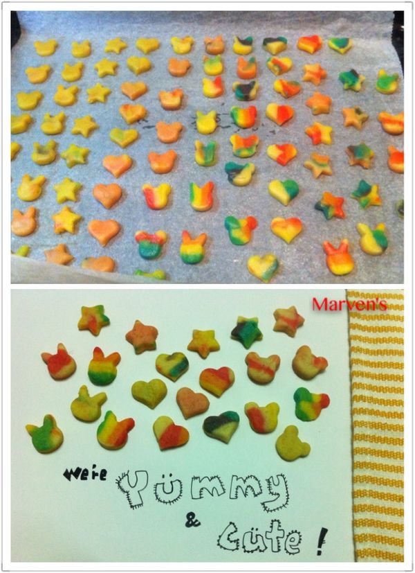 過程中會有裁切後多餘的麵糰，別浪費，也可烤出一大盤迷幻色彩的可愛小餅乾！