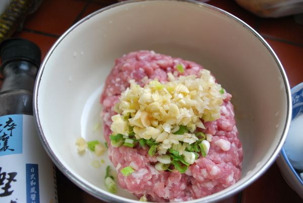 準備一個大碗（待會要可以放進電鍋裡的大小）先將豬絞肉、蔥花、蒜末、薑末放入碗中。