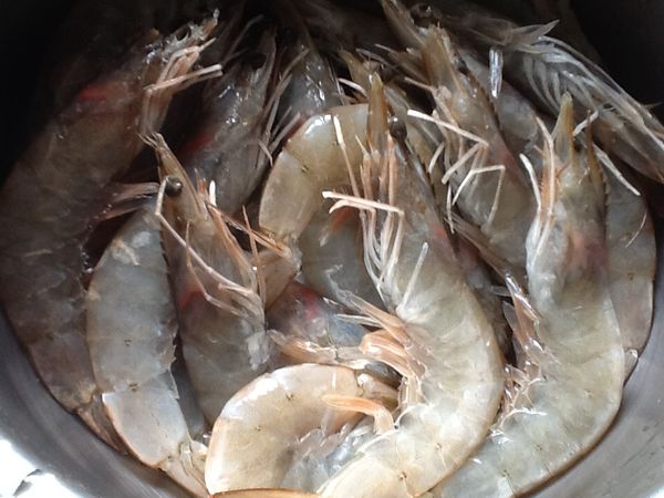 將蝦子清洗乾淨。（剪去蝦鬚去腸泥及於蝦背畫刀，亦可不做此動作）