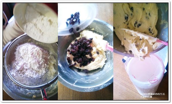 將過篩的低筋麵粉，分兩次倒入盆中，用刮刀以切拌的方式，麵糊混合拌勻後，裝進準備好的擠花袋裡