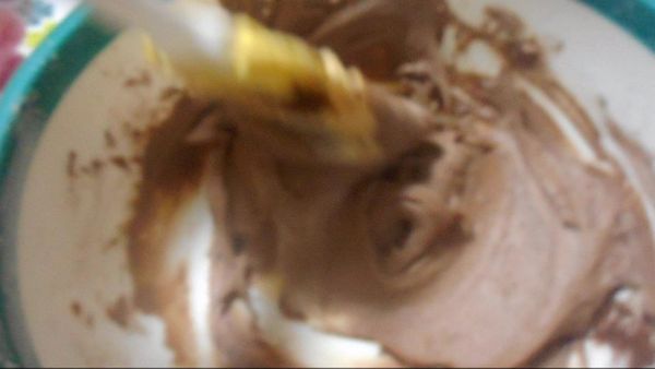 對另外的碗，放入5一半，加上可可粉攙和（別のボウルに、５を半分入れて、ココアパウダーを加えて混ぜます）