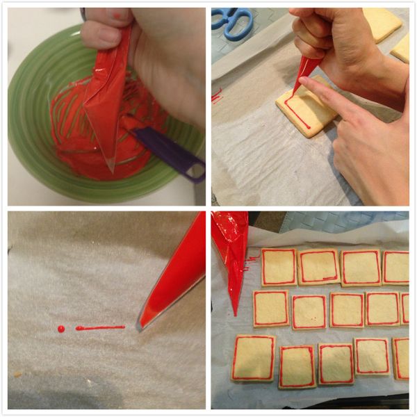 紅色硬式糖霜加入塑膠擠花袋 (如圖3)。
可先在烘培紙上試畫 (如圖4)。

在畫外框時，左右手一起，以左手食指推擠花袋方使，慢慢畫上 (如圖5)。