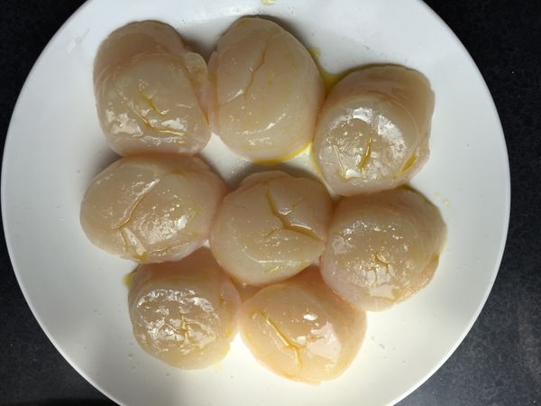 將干貝放入盤中淋些食用油,並撒上一點點海鹽
