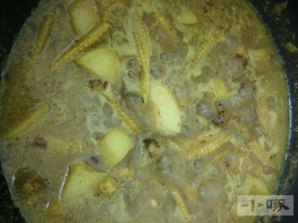 最後，加入高湯，蓋上鍋蓋燉煮，此時的咖哩口感清爽類似湯品，待燉煮20分鐘左右，馬鈴薯的澱粉釋出，會逐漸讓醬汁濃稠，此時的味道會類似印度咖哩般的香辣自然。
若要變成我們習慣的咖哩口味，可將蘋果泥與牛奶 白糖放入，視喜好調整比例，就是我們所熟悉的日式咖哩，也可考慮放入椰奶 香茅等，則是南洋風味的咖哩。