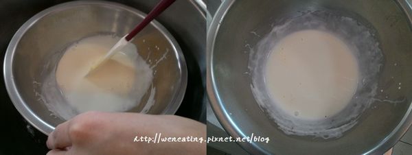 鮮奶油加熱至鍋邊冒泡泡後離火，加入鹽拌勻，再加入奶油拌至溶化。