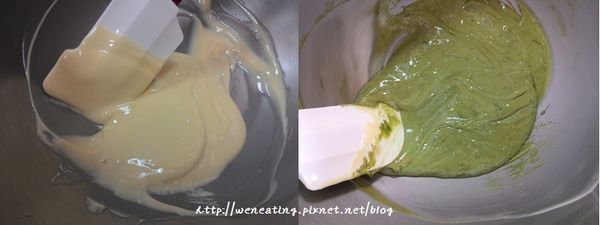 白巧克力格水加熱融化，加入抹茶粉拌勻。