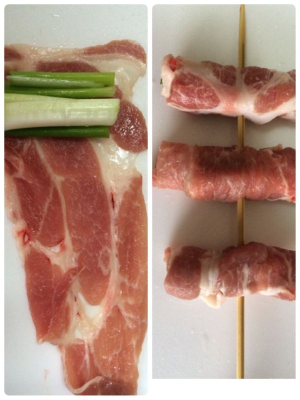 將肉片攤平後，捲入蔥段,三個ㄧ串,串成ㄧ支