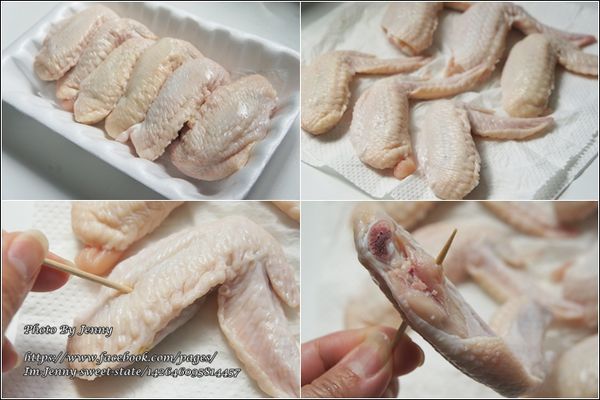 雞翅洗淨拭乾用牙籤扎孔。Tips1. 雞翅用竹籤戳洞會讓雞翅更入味唷！
