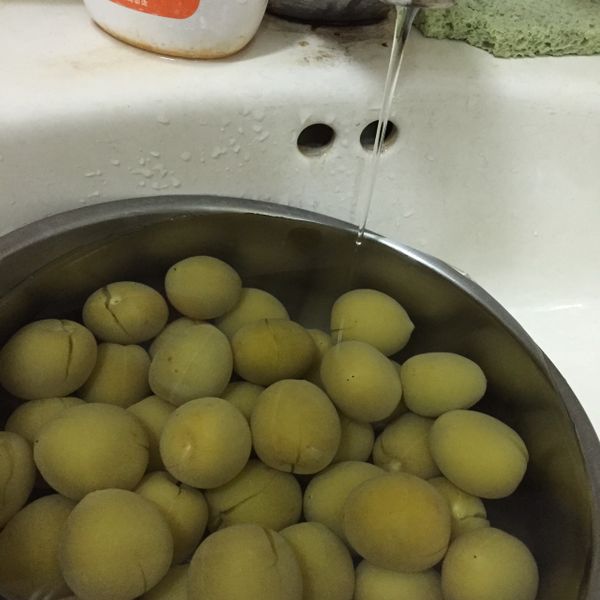 泡八小時後，用小水柱讓水慢慢滴出約6小時
或勤換水，約1小時換一次水
這步驟很重要！是要將青梅中的苦澀味去除