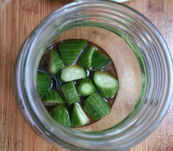 第二層可以放比較硬或是可以醃漬的材料，像小黃瓜或是紅蘿蔔（如果要加豆腐或通心粉可放在這一層）。我先放了小黃瓜