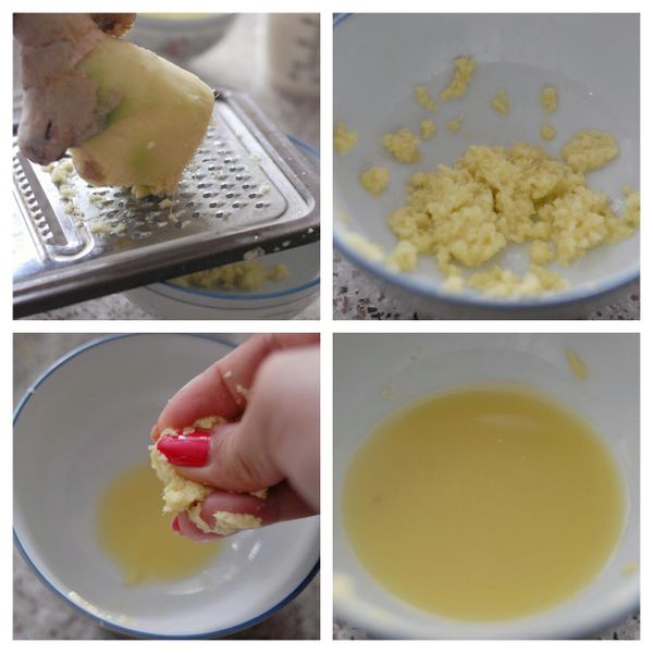 榨薑汁 ： 先將薑去皮，將薑磨成蓉，再用手榨出薑汁