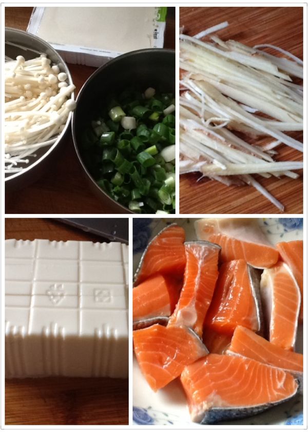 蔥切蔥花，薑切細絲，金針菇去頭切為兩段或不切，豆腐與魚切塊。