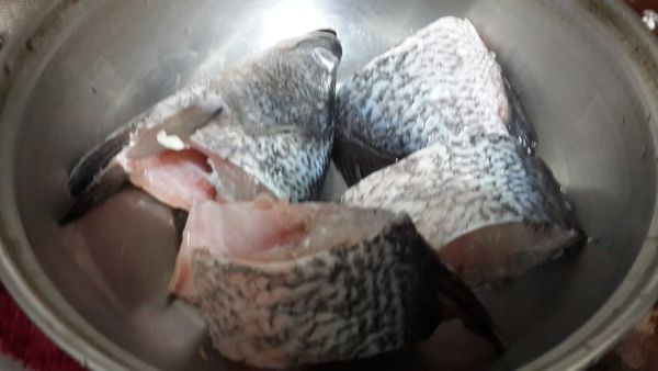 將鱸魚洗淨切成四塊,老薑切絲備用