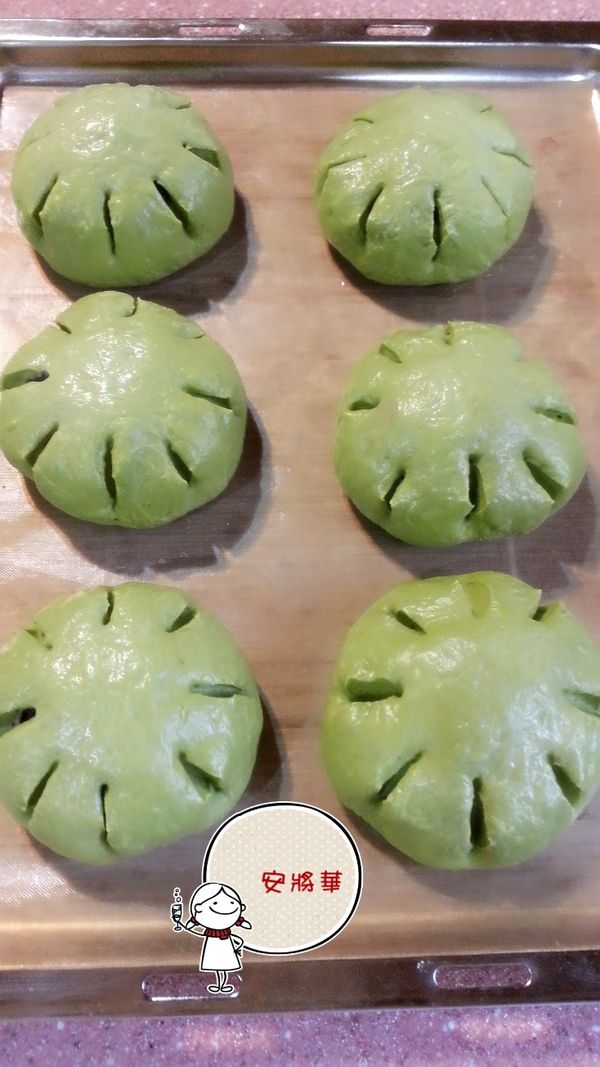 將麵糰取出，烤箱200度預熱10分，用剪刀剪出對稱8道切口，不要過深過大。