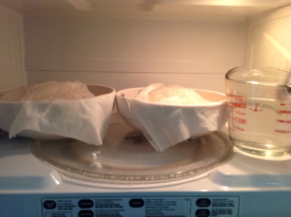 放杯熱水在微波爐內或溫暖處.等待發酵 1 小時.