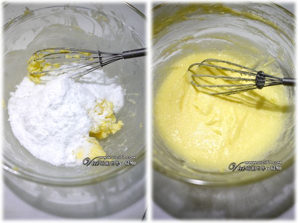 奶油室溫軟化後，加入糖粉及鹽拌勻。接著加入鮮奶，拌勻