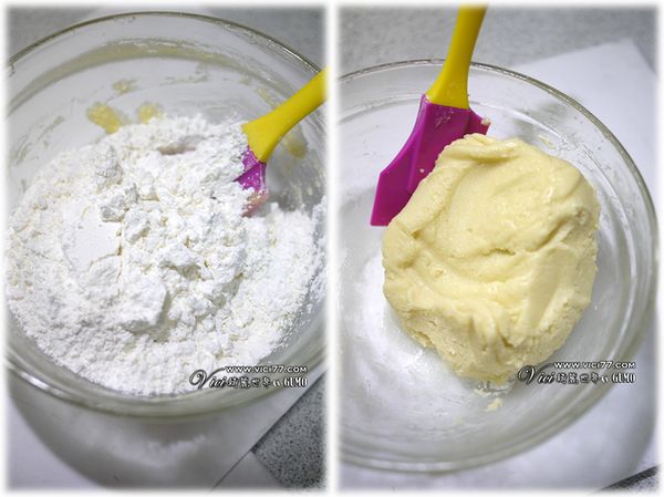 先後加入過篩低筋麵粉及杏仁粉後，拌勻且揉成麵糰