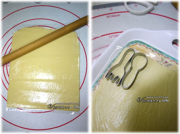 把麵糰放入塑膠帶中，再捍成約0.3cm厚的麵皮。接著放入冰箱冷藏約20分鐘讓它變硬。接著使用餐具模具壓出造型，放入烤箱160度烤15分鐘