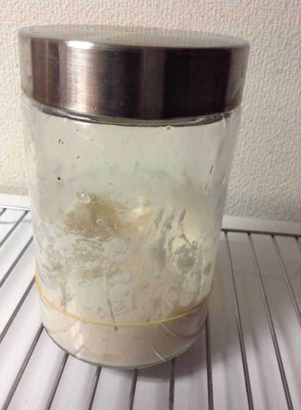 第二回餵養材料：
草莓酵母液30CC
高筋麵粉30公克。

攪拌均勻後，蓋上蓋子，再做記號，發酵至二倍大。