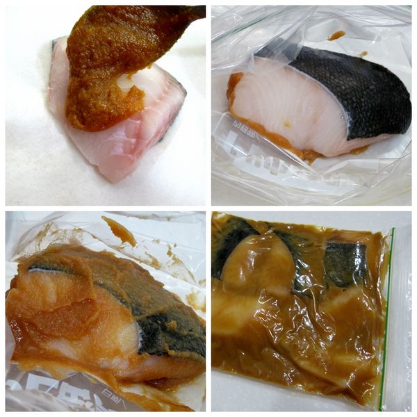 將鱈魚塊以廚房紙巾兩面吸乾水分後，均勻塗上完成的味噌醬，再放進夾鏈袋內鋪開、勿重疊的排放，全部完成後平放置於冰箱冷藏醃漬一天。