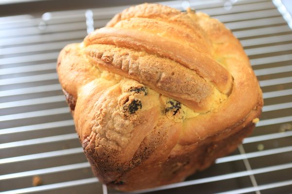 烤完的葡萄奶酥吐司會有漂亮的外觀。將吐司取出放在架上，等涼後再進行切片，或者豪邁的直接用手撕開來食用也很棒！