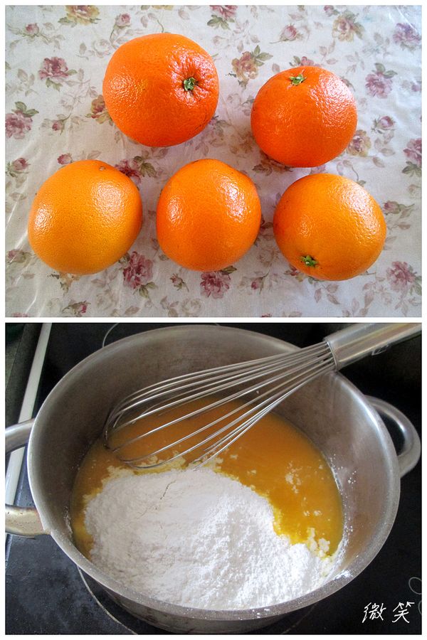 柳橙先榨出果汁備用,接著把全部材料先用打蛋器拌勻成水狀