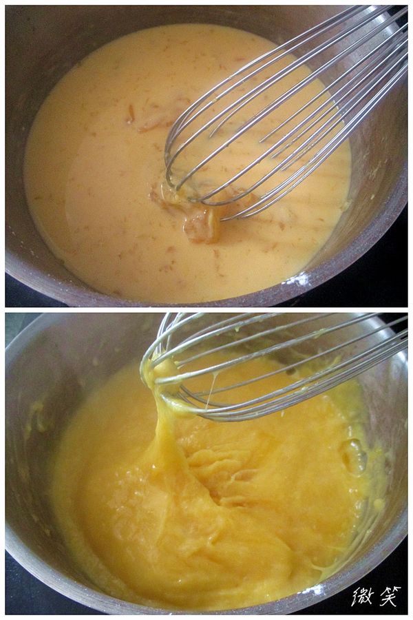 再開火以小火邊煮邊攪拌,要持續的拌, 看到有點呈小塊狀時就要更加快速度的攪拌直到呈很黏稠糊化並有些難推動的粉糊