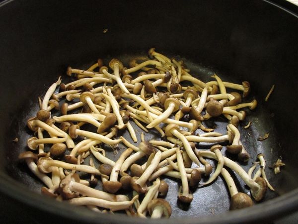 取一炒鍋,放入鴻喜菇小火乾煎(其間翻炒避免黏鍋)至水份釋出