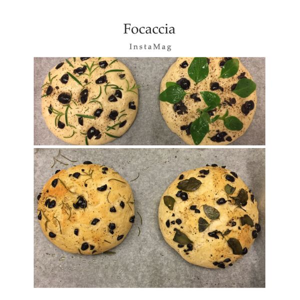 用黑橄欖、迷迭香、羅勒做成圓形的佛卡夏