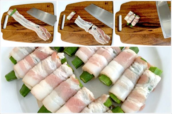 將培根切成3片 每小片培根捲一根秋葵