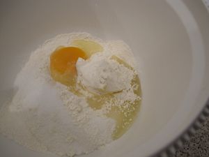 取一個寬口的容器，先加入奶油，倒入過篩好的乾粉，再加入其他所有奶酥食材。