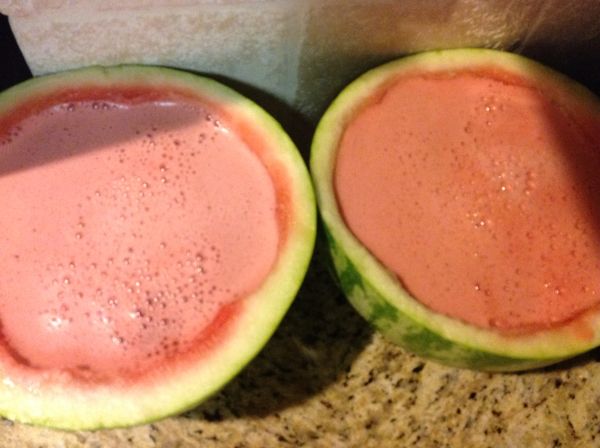 [組合:] 將各一半的石花菜和西瓜汁, 倒入西瓜盆皿內,會有多出的西瓜汁,就可當西瓜汁現場享用掉~