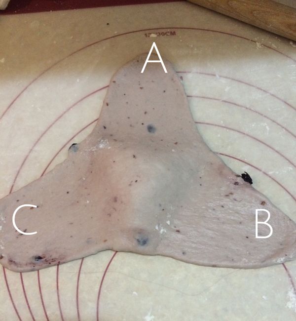 往三角形三個角擀開擀長成ABC三角