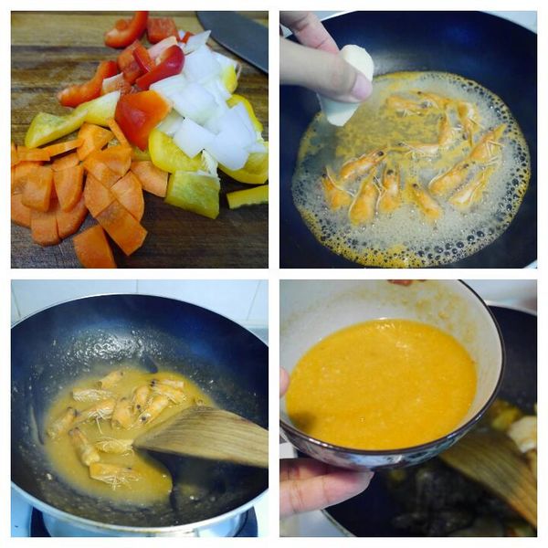 將紅蘿蔔、甜椒們、洋蔥切塊吧。然後取約2碗的水，煮開後把蝦頭放進去，熬到有海鮮的香氣出來，加入一塊白醬塊，慢慢再熬出濃郁醬汁，之後用一個碗盛起，蝦頭取出不用。