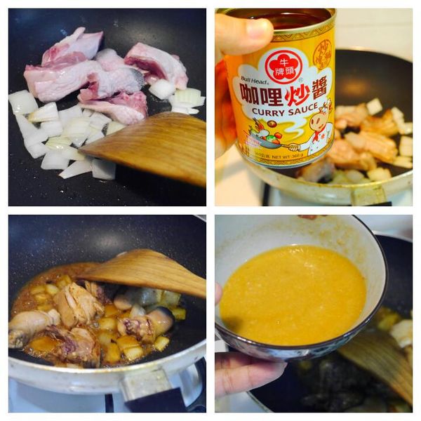 起熱鍋，將洋蔥炒香後放入雞肉塊，炒到洋蔥變軟、雞肉略焦後，加入一匙咖哩炒醬拌炒，加半杯水把炒醬拌開，接著倒入剛剛炒的海鮮白醬湯底。