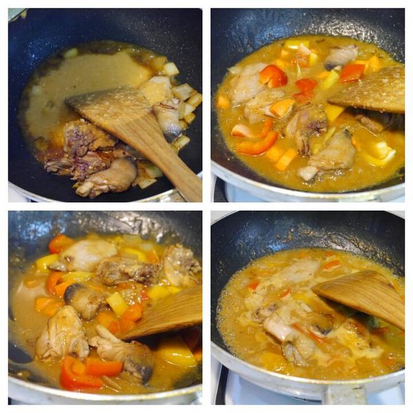 拌勻後，轉小火慢慢燉煮，煮到湯汁收到濃稠(大約需15分鐘)，雞肉軟嫩即可加以調味上桌。