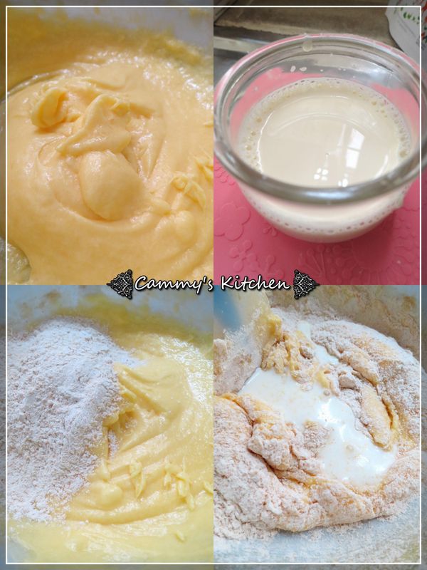 牛油和黃糖混合打至溶解；蛋分數次加入，直至完全混合。