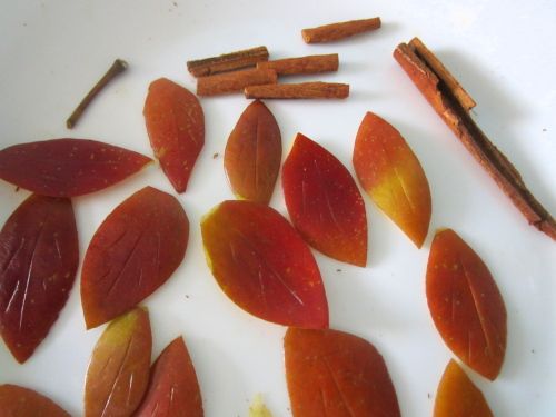 將蘋果皮以食物剪剪成葉形，用刀尖劃幾道葉脈備用！
蘋果麵包的梗可用棒狀餅乾/真的蘋果梗，
這邊使用的是肉桂捲剪小段×5和真的蘋果梗×1。