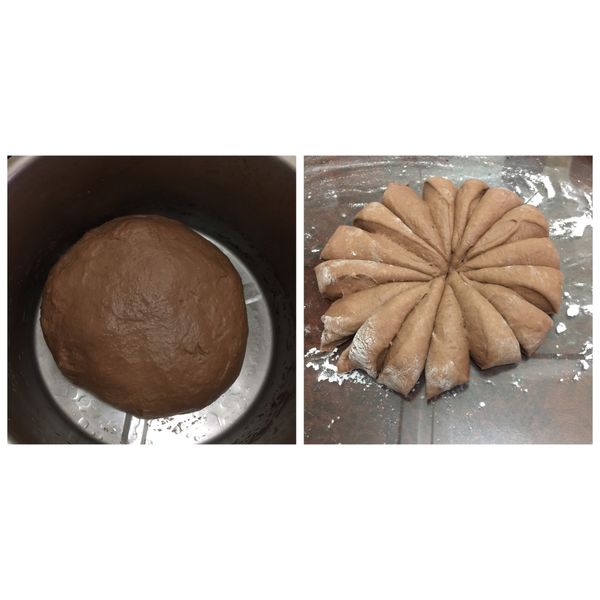 一小時過後⋯將麵團表面撒些高粉取出，桌面也撒高粉，將麵團壓扁切成16等份，每份約35克（我偷懶，直接切，畢竟我一歲多愛哭的女兒一直在旁邊吵嘛XD），切完後每個滾圓，可以的話蓋濕布鬆弛10分鐘，我是直接放桌上鬆弛十分鐘。