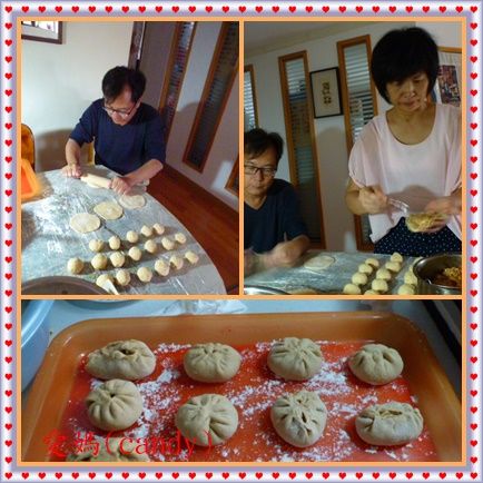 麵包機代勞的第一次發酵後的麵團，35g一個面皮，包上餡料，再次發酵30-40分鐘後