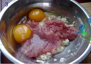 肉碎、豆腐泥和兩顆蛋加少許水攪拌