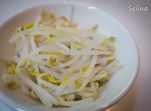 取鍋加入鹽將豆芽菜川燙熟成。