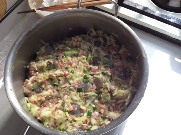 絞肉拌入調味料-米酒、鹽、蔭油膏、白胡椒粉拌勻後，再拌入荢薺、蝦仁拌勻，最後拌入高麗菜絲（作法1）。入冰箱冷藏2-3小時。