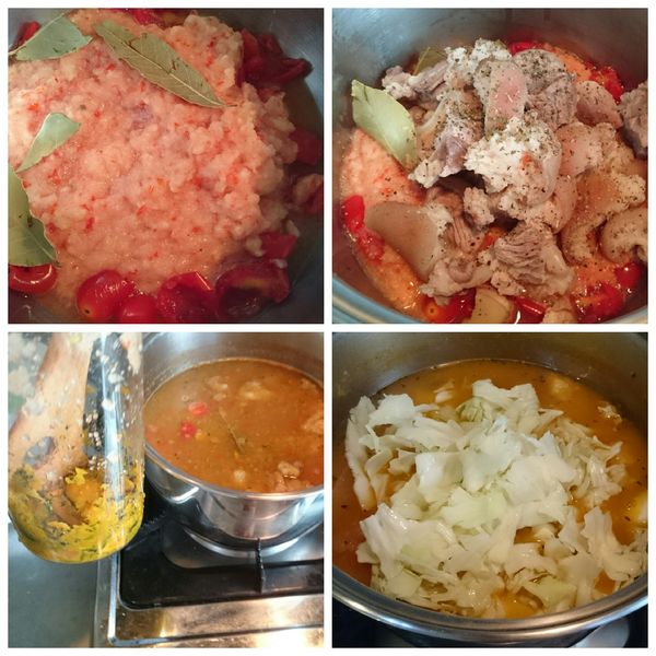 在鍋內加水蓋過食材，開大火滾，滾後即可轉小火燉，如覺得不夠稠請加入一些南瓜泥續滾30分，直到肉軟爛（我不使用太白粉），要起鍋前的10分再丟入高麗菜滾